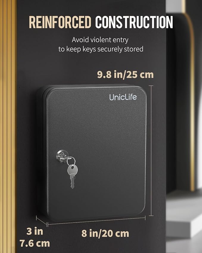 Uniclife 48-Key Steel Key Cabinet with 2 Unlocking Keys Wall Mounted Key Organizer Black Frosted Security Box with Hooks and 