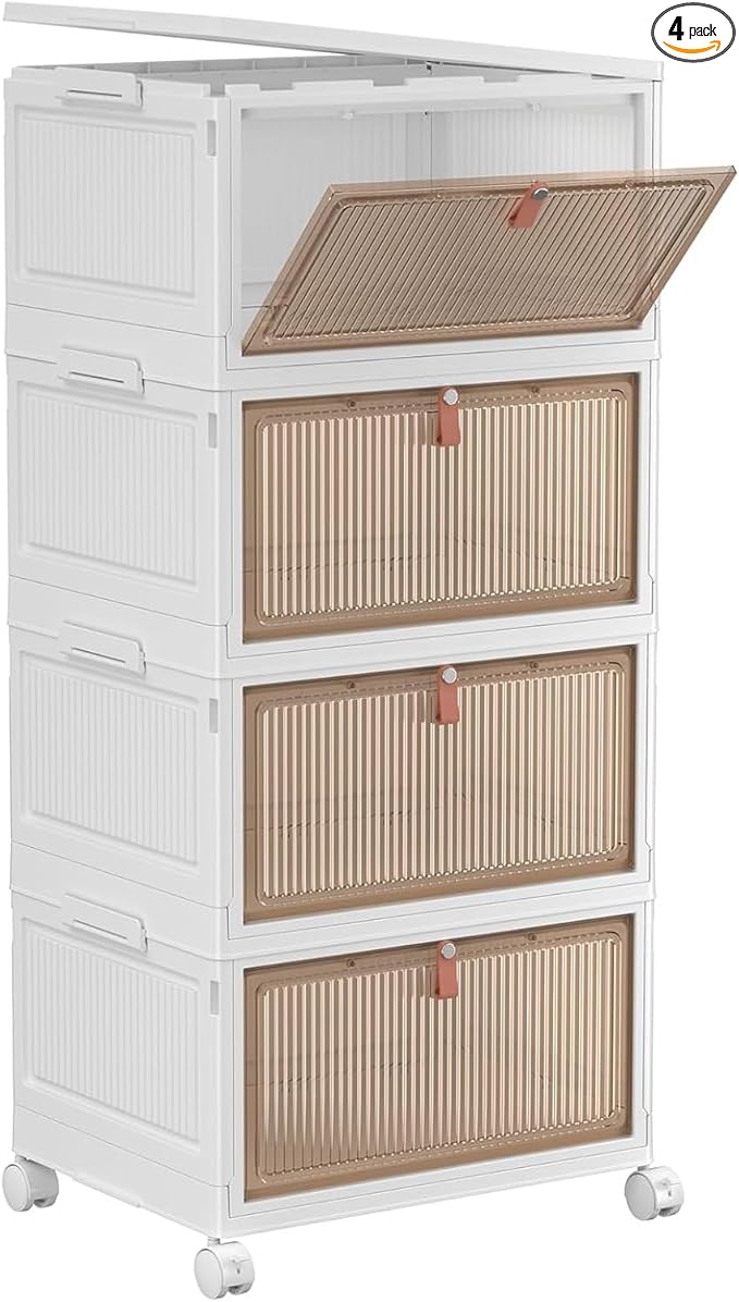 YFXCVSL 4 Tier Plastic Storage Bins with Lid 28QT - Stackable Storage Containers with Wheels, Folding Storage Boxes, Collapsi