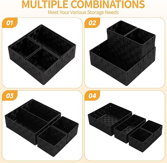Posprica Small Black Baskets Cube Bin Container Tote,Woven Storage Baskets for Organizing Organizer Divider for Drawer, Close