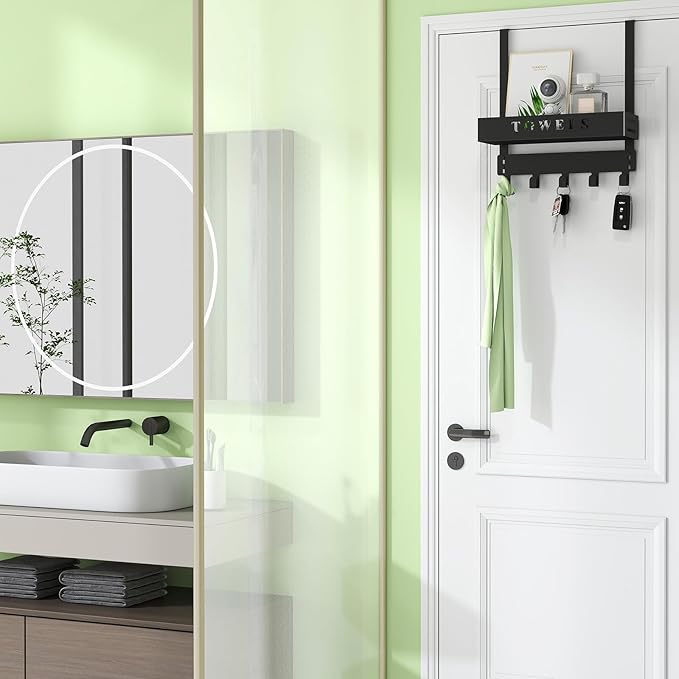 Over The Door Rack, Towel Hooks for Bathroom,Towel Hanger with Tray and 5 Hooks for Bedroom Kitchen(Black)