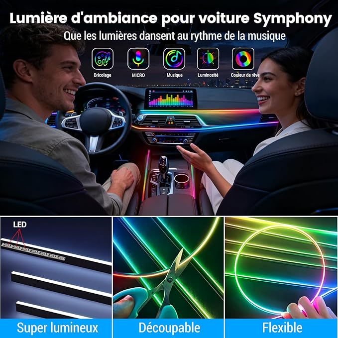 Dream color Acrylic Interior Car Lights, 2 Pieces 110cm/43.3inch 128 Colorful Car LED Strip Light RGB Fiber Optic Rainbow Ambient Lighting bar, Universal Decoration Dynamic Atmosphere Neon Lights