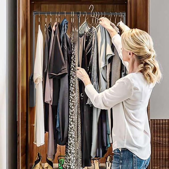 Put Down Closet Rod 2 Pack, Adjustable 35-47.6 Inch Wardrobe Lift Rail Organizer Two-way Buffering Heavy Duty Wardrobe Hanger