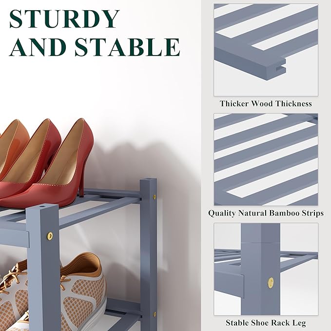 Smiry Bamboo Shoe Rack for Closet, 3 Tier Small Wooden Stackable Shoe Organizer, Free Standing Shoes Storage Shelf for Entryw