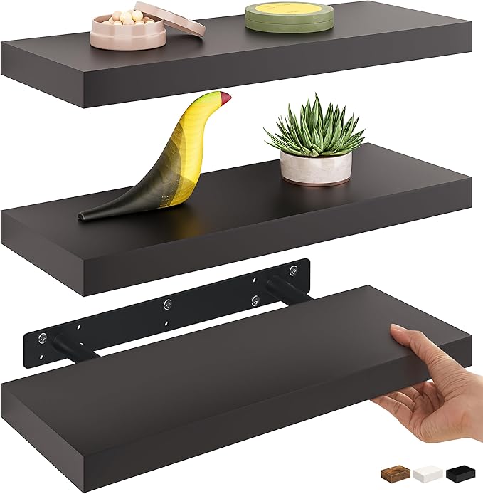 Ballucci Floating Shelves, 16" Wood Wall Shelf Set of 3, Invisible Brackets Floating Shelf for Wall Decor Living Room, Bathro