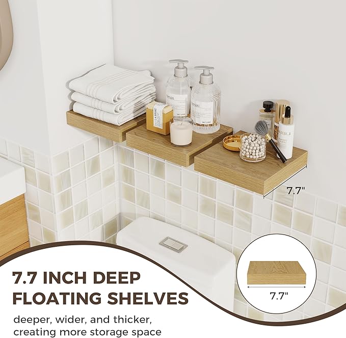 Fun Memories Small Floating Shelves for Wall - 8 Inch Square Wall Shelves with Invisible Brackets, Oak Shelves for Bathroom, 