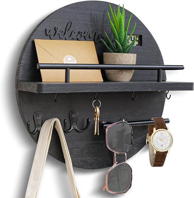 Key Holder for Wall, Key and Mail Holder Organizer with - Key Holder Wall Mount - Round Wooden Rustic Home Decor for Entryway