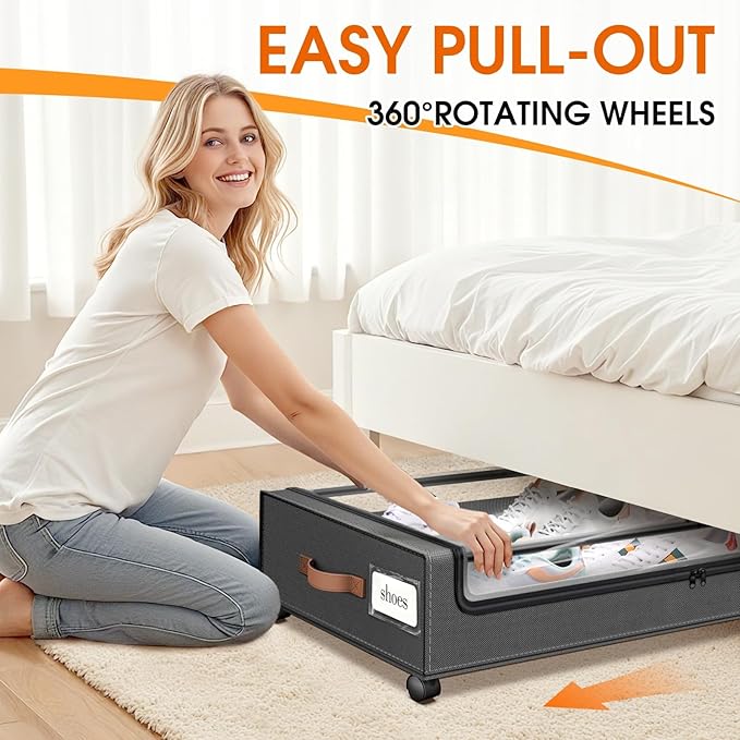 Under Bed Storage with Wheels 2Pack Storage Containers with Clear Window&Label Under Bed Drawers Rolling Under Bed Storage fo