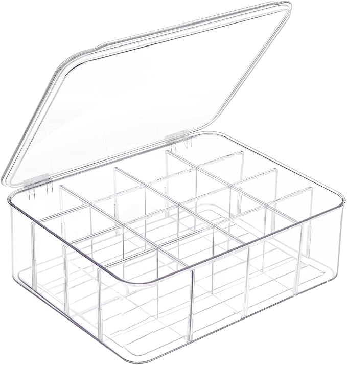 DILIBRA Socks Underwear Drawer Organizer for Closet, 16 Compartment Removable Divided Plastic Clear Sock Storage Box with Lid