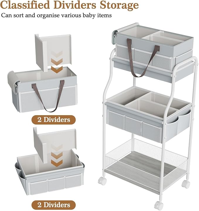 2In1 Baby Diaper Caddy & 3-Tier Rolling Diaper Cart, Diaper Caddy Organizer Cart with Dividers & 12 Pockets, Nursery Bedside 