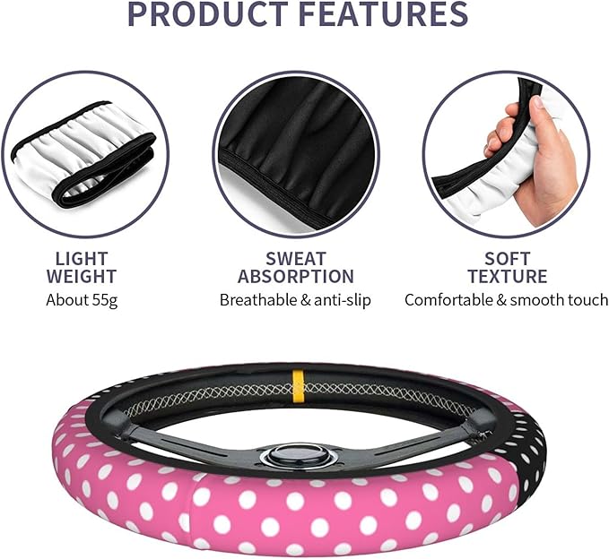Cute Pink Black Polka Dots Bow Steering Wheel Cover for Women, Universal Fit 14-15 inch,Automotive Interior Accessories Decor