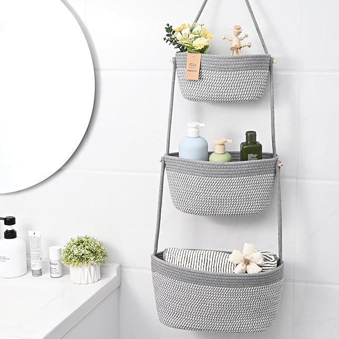 Hanging Storage Baskets, Over the Door Basket, Cotton Wall Baskets Storage, Hanging Door Basket with 4 Hooks