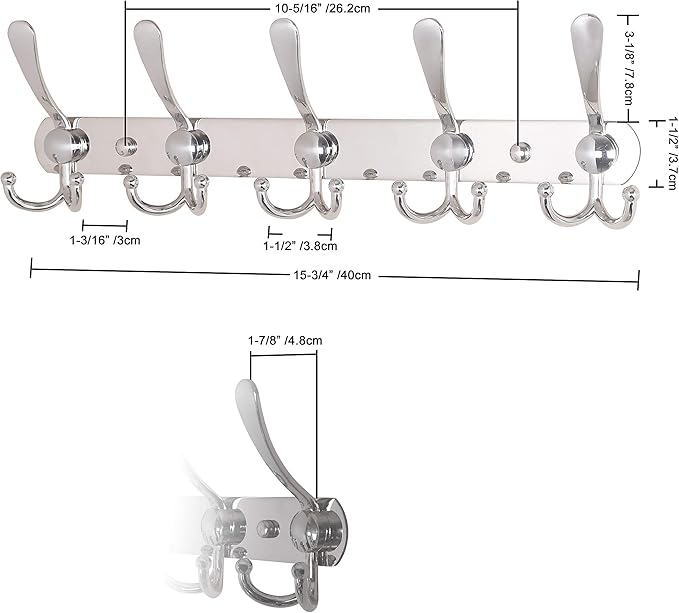 Dseap Coat Rack Wall Mounted - 5 Tri Hooks, Heavy Duty, Stainless Steel, Metal Coat Hook Rail for Coat Hat Towel Purse Robes 