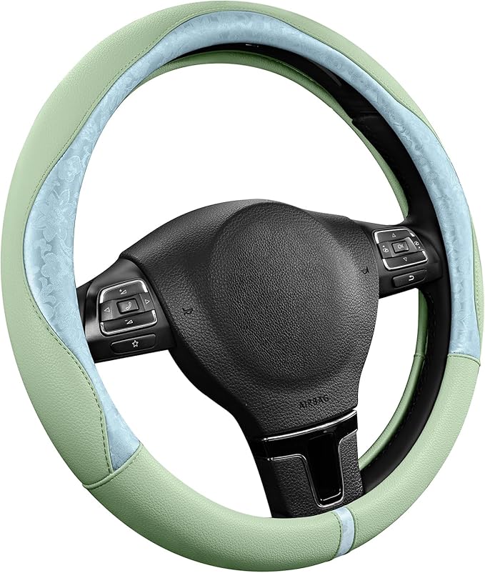 PIC AUTO Steering Wheel Cover, Light Blue Patterned & Green Leather Patchwork Design, Universal Fit 14.5"–15.5", Anti-Slip, O