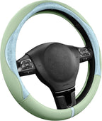 PIC AUTO Steering Wheel Cover, Light Blue Patterned & Green Leather Patchwork Design, Universal Fit 14.5"–15.5", Anti-Slip, O
