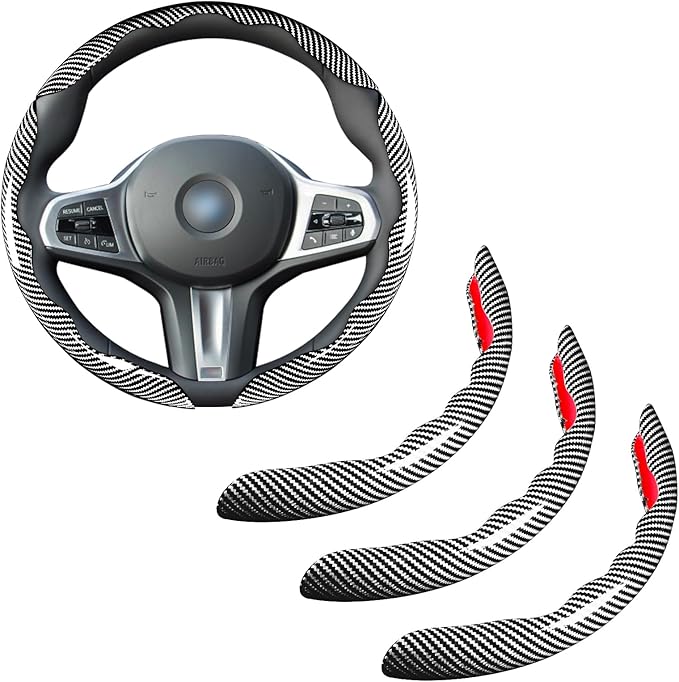 Car Steering Wheel Cover Set Bright Carbon Fiber Wrap Non-Slip 3pcs Steering Wheel Accessories 14.5-15 inch Universal (Silver)