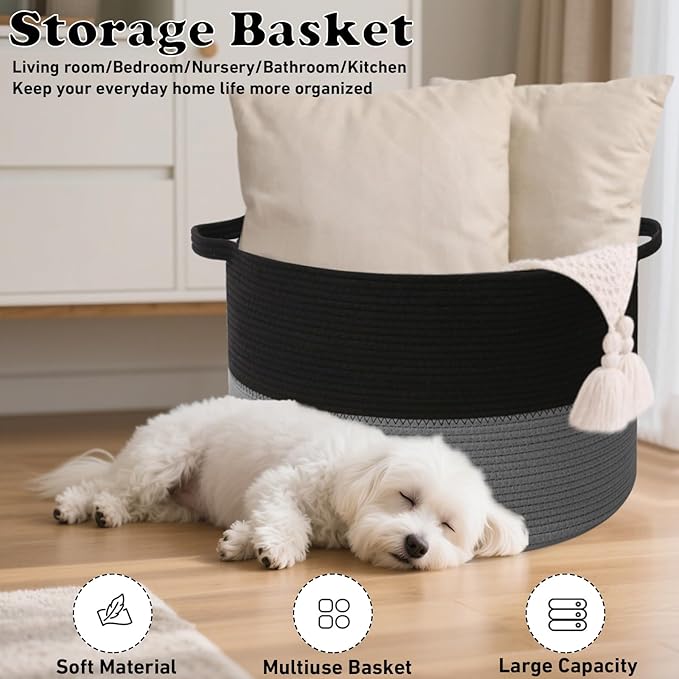 65L Large Woven Cotton Rope Blanket Basket with Handles, Laundry Hamper Storage Bin for Pillows, Comforters,Clothes, Toys, Nu