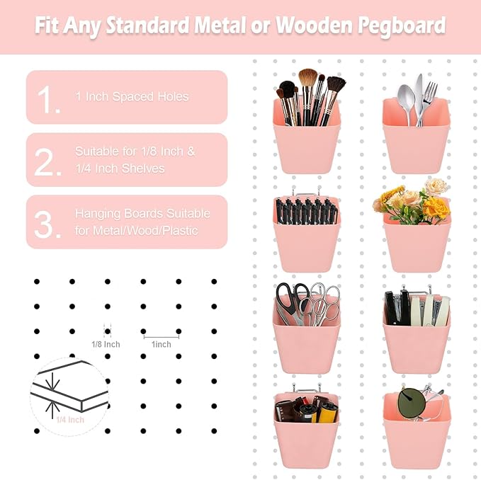 8 Pack Large Pegboard Bins with Hooks, Square Box Shape Peg Board Cups and Peg Board Accessories for Craft Room, Playroom, Of