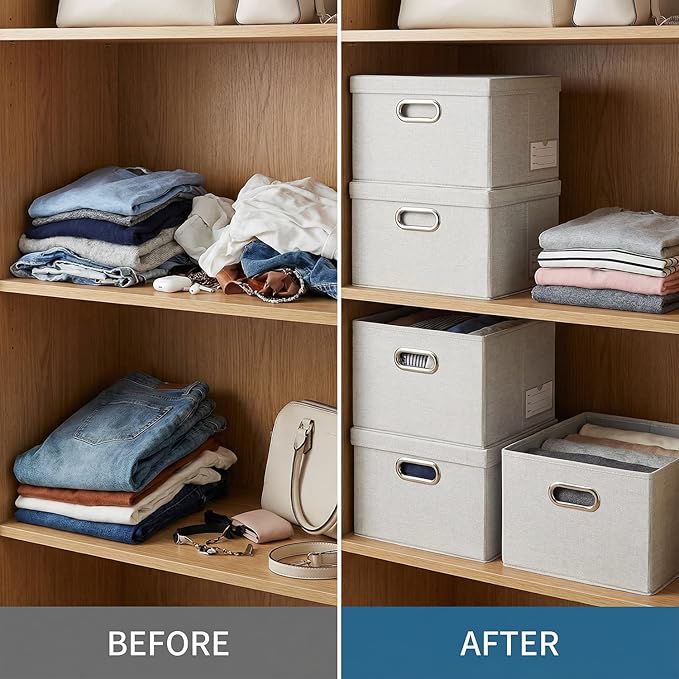 PRANDOM Storage Bins with Lids [3-Pack] Linen Fabric Foldable Storage Boxes Organizer Containers Baskets Cube with Cover for 