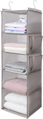 BOOMIBOO Hanging Closet Organize and Shelves，5-Hanging Shelf with 2 Side Pockets，Storage Foldable （Light Grey）