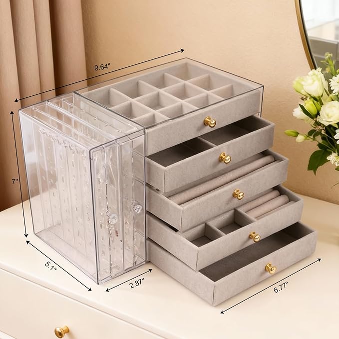 Greenfeather Jewelry Organizer with 7 Removable Drawers, Clear Acrylic Jewelry Box with 16 Necklace Hooks, 48 Pairs of Earrin