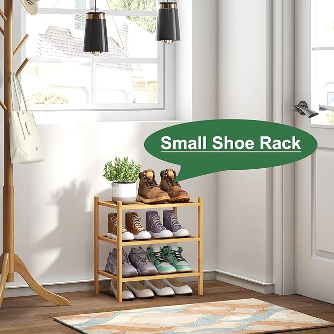 kiplant Small Shoe Rack, Bamboo Wood Shoe Rack for Entryway, Stackable | Foldable | Natural, 3-Tier Shoe Organizer for Hallwa