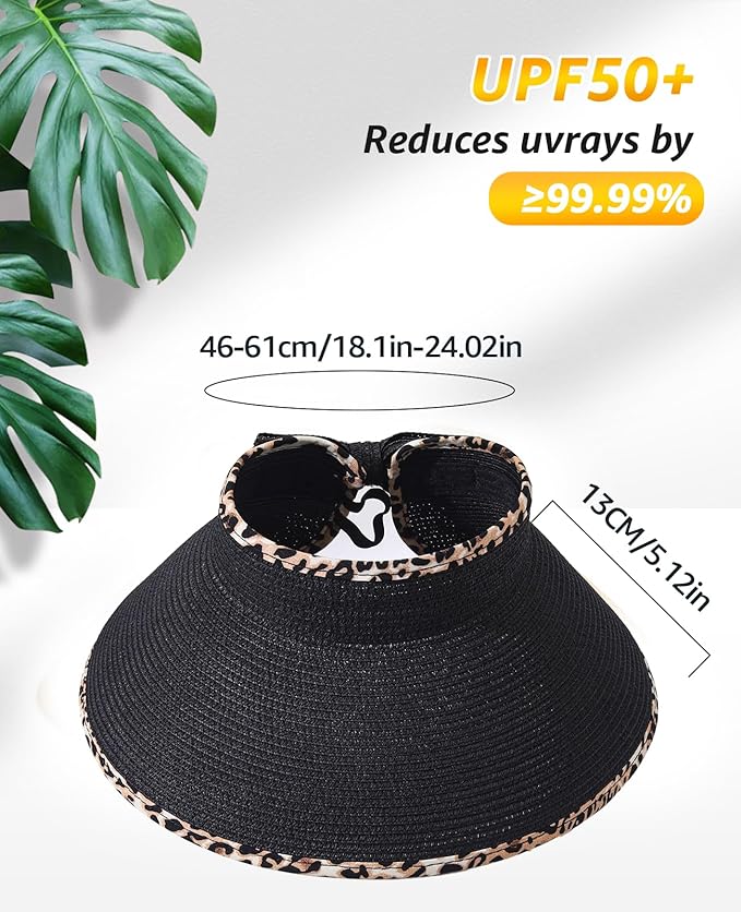 Sun Visor Hat for Women, Wide Brim Straw Summer UV Protection Hat, Foldable Roll-up Packable Beach Cap