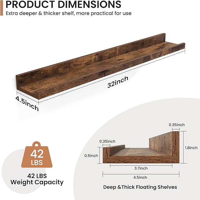 Fun Memories Picture Ledge Shelves Set of 2, 32 Inch Rustic Wall Mounted Floating Shelves with Lip for Home Storage and Décor