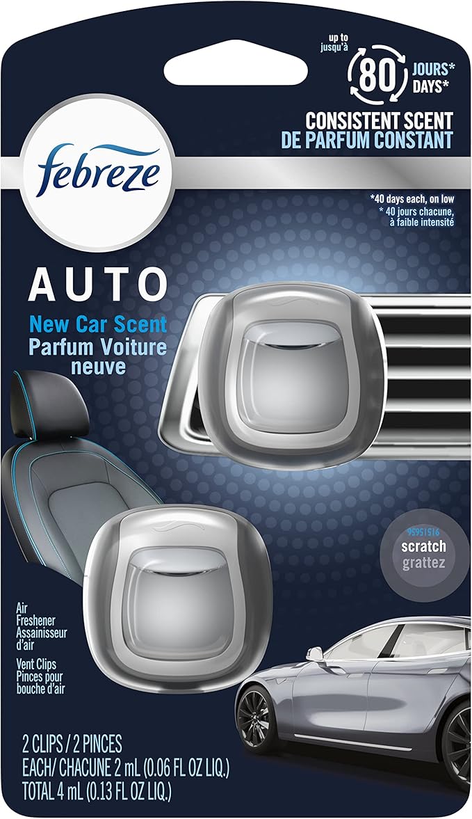 Febreze Car Vent Clip Air Freshener, Odor Eliminator for Up to 30 Days Freshness, 2 Clips (New Car)