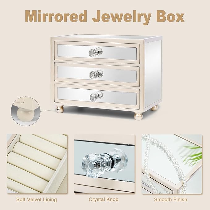 Gifturbo 3-Layer Jewelry Organizer, 3 Drawers Jewelry Box for Women Mirror Storage Box for Necklace Earrings Rings Bracelets,