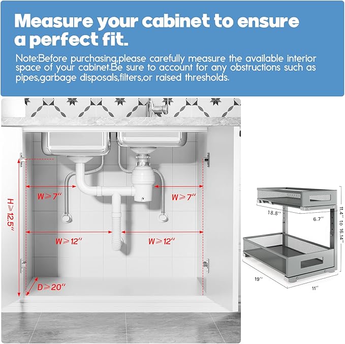 1 Pack 19IN Depth Under Sink Storage Organizer, Large 2-Tier Elegant Mesh Pull Out Shelf for Kitchen and Bathroom Cabinet Org