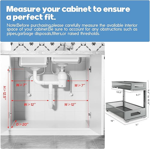1 Pack 19IN Depth Under Sink Storage Organizer, Large 2-Tier Elegant Mesh Pull Out Shelf for Kitchen and Bathroom Cabinet Org