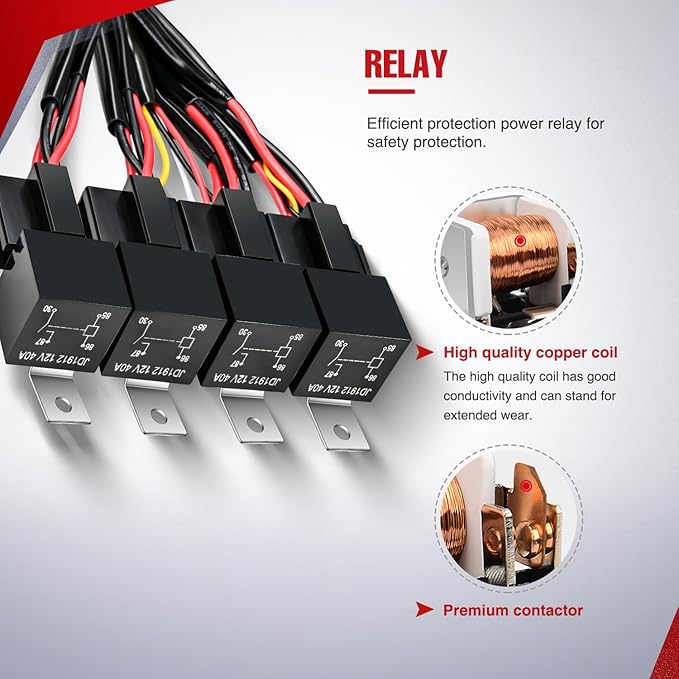 Nilight 16AWG 14AWG 12AWG LED Light Bar Wiring Harness Kit 12V On/Off 4 Gang Rocker Switch Panel Power Relay Blade Fuse 5Pin Toggle Switches for Cars Boat ATV Trucks-8 Leads