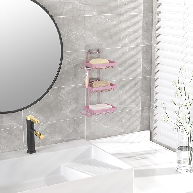 Moforoco 3 Tier Pink Soap Dish Holder for Shower Wall, No Drilling, 304 Stainless Steel, Soap Bar with 4 Hooks and Razor Hold