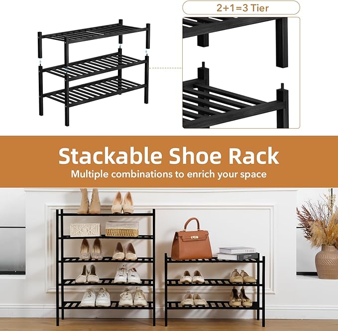 3 Tier Bamboo Shoe Rack Storage Organizer for Closet, Multifunctional Stackable Free Standing Shoe Shelf Organizer for Small 
