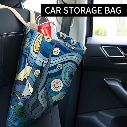 Car Trash Can, Cute Car Trash Bag, Hanging Car Organizer and Storage Bag, Trash Bin for Car Accessories, Vehicle, Travelling, Camping Starry Night Village