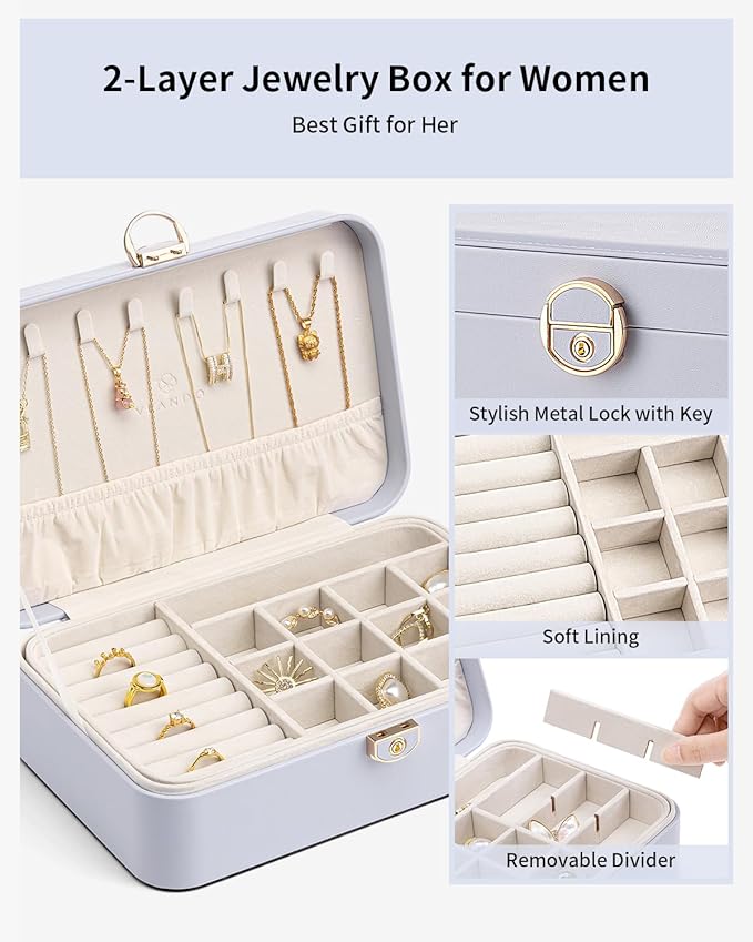 Vlando Jewelry Box Organizer for Girl,Faux Leather Lockable Jewelry Holder Organzier Case Boxes with 2 Layers,Earrings Neckla