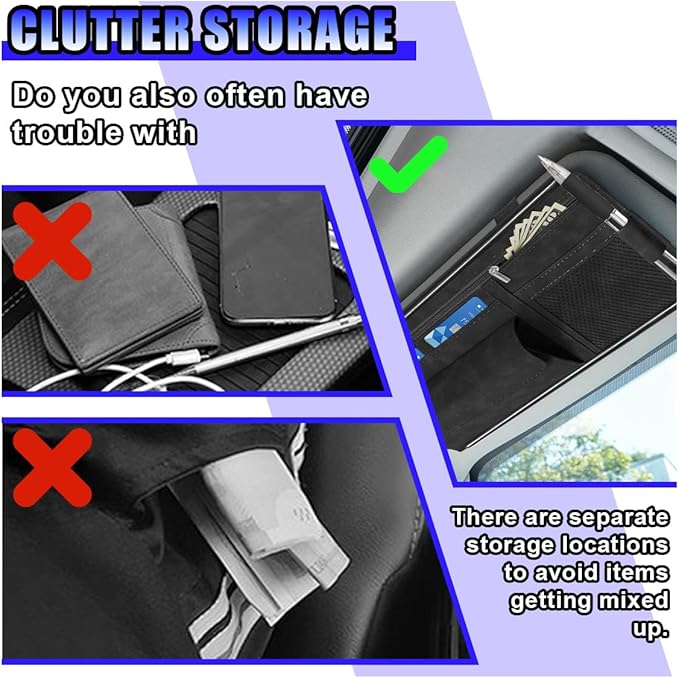 Car Sun Visor Organizer, Leather Multi-Pocket Glasses Card Holder with Zipper, Waterproof Scratch-Resistant Sunshade Storage Bag, Universal Auto Interior Accessory for Car/Truck/SUV (Black)