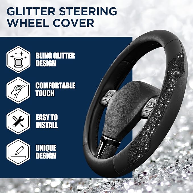 PIC AUTO Steering Wheel Cover, Black Sparkly Crystal Bling Glitter with Leather, Universal Fit 14.5"-15.5" Car Steering Wheel