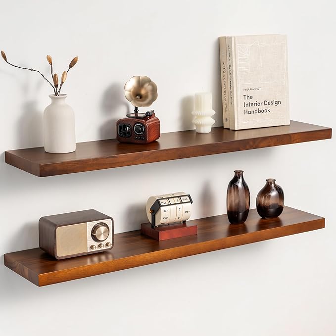 Teak Floating Shelves Set of 2-36 Inch Natural Waterproof Wood Wall Shelves with Invisible Brackets for Bathroom, Kitchen, Ba