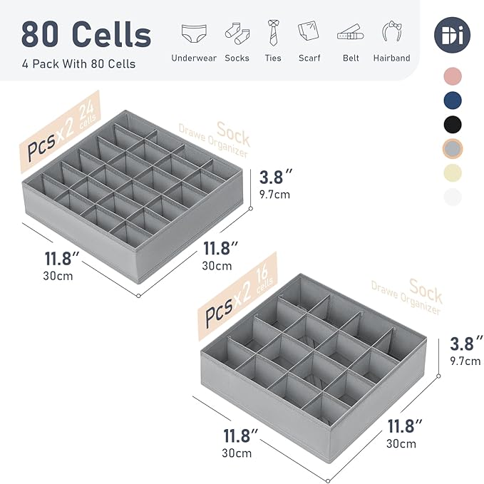 Joyoldelf Sock Drawer Organizer Divider 4 Packs Underwear Organizer, 2 x 24 Cell + 2 x 16 Cell Closet Organizers and Storage 