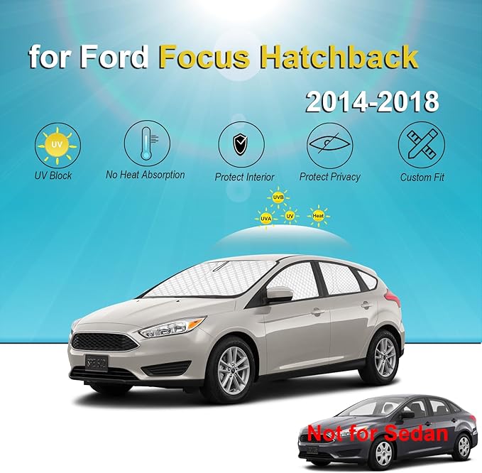 KMF 8pcs Thicken Sun Shade for Ford Focus Hatchback 2014-2018 Accessories, Custom Fit Full Car Window Covers Sunshade for Windshield Side, UV Block and Privacy Blackout for Camping Outdoor