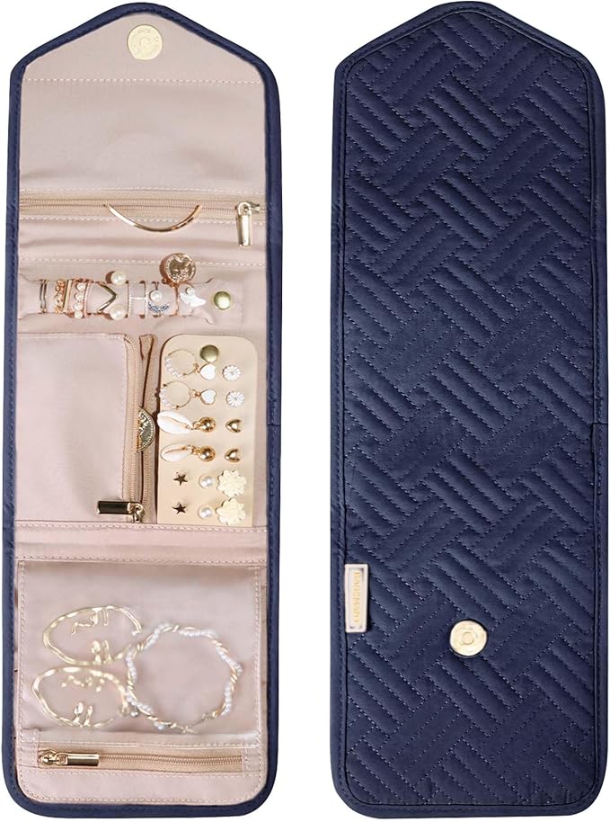 BAGSMART Travel Jewelry Organizer Case Foldable Jewelry Roll for Journey Rings, Necklaces, Earrings, Bracelets,Mini,Smokey Bl