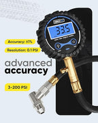 Digital Tire Pressure Gauge 200 PSI - Accurate Air Pressure Gauge for Tires with Easy-to-Read Numbers & 45° Angle Chuck
