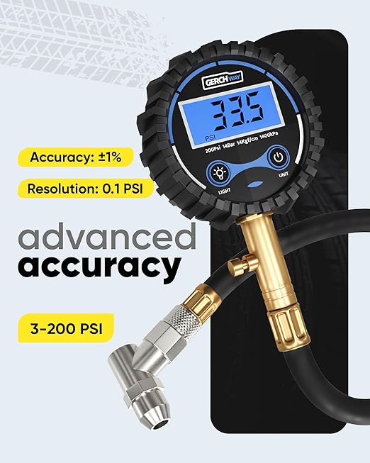 Digital Tire Pressure Gauge 200 PSI - Accurate Air Pressure Gauge for Tires with Easy-to-Read Numbers & 45° Angle Chuck