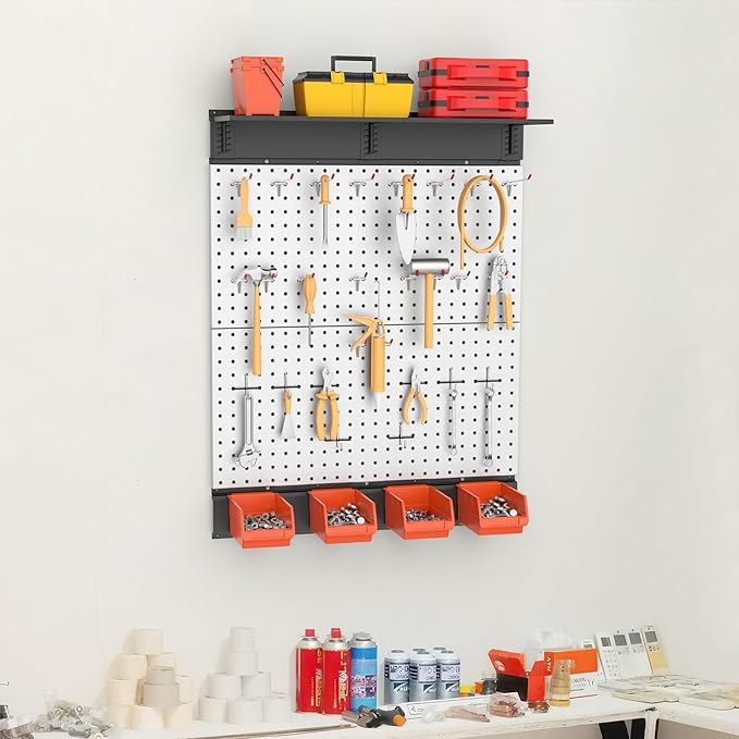 TORACK Metal Pegboard with Accessoreis for Garage Wall, Tool Organizer Pegboard with Hooks, Wall Mounted Bins/Shelf, Tool Sto