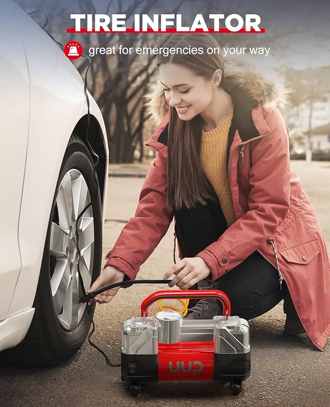 Tire Inflator Air Compressor, 150PSI 12V DC Double Cylinders Heavy Duty Portable Air Pump w/Emergency LED Light for Truck, SUV, Car, RV (red)