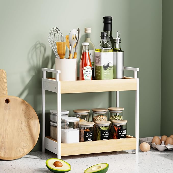 KLM Countertop Coffee Station Organizer, 2 Tier Wooden Shelf for Coffee Bar Accessories, Condiment Storage Caddy for Kitchen,