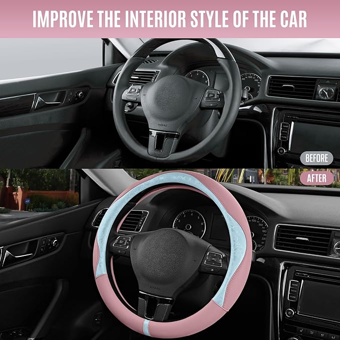 PIC AUTO Steering Wheel Cover, Light Blue Patterned & Pink Leather Patchwork Design, Universal Fit 14.5"–15.5", Anti-Slip, Od