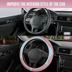 PIC AUTO Steering Wheel Cover, Light Blue Patterned & Pink Leather Patchwork Design, Universal Fit 14.5"–15.5", Anti-Slip, Od