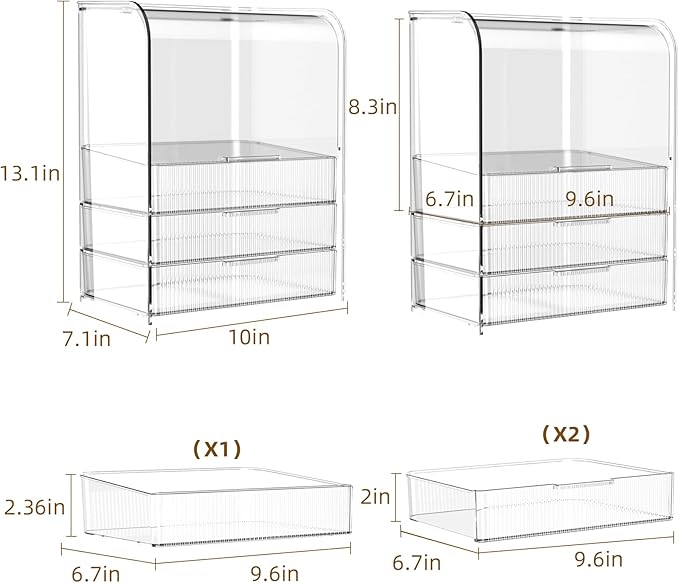 GearFusion 3 Tier Clear Cosmetic Organizer, Makeup Display Case with Lid & Drawers, Countertop Dresser Vanity Storage Box, Be